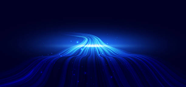 istock Hi-speed blue neon wave lines on dark blue background. Speed motion moving concept. 2225924871