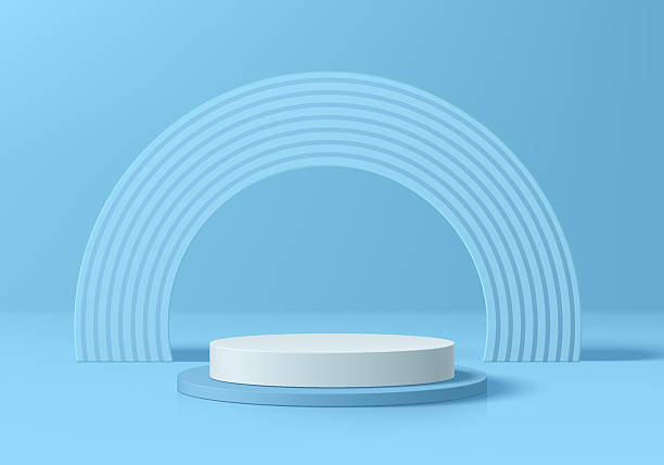 istock 3D blue and white cylindrical podium background with semi circle backdrop. Minimalist mockup pedestal. Abstract stand product display presentation, Stage showcase. Platforms vector geometric design. 2225925159
