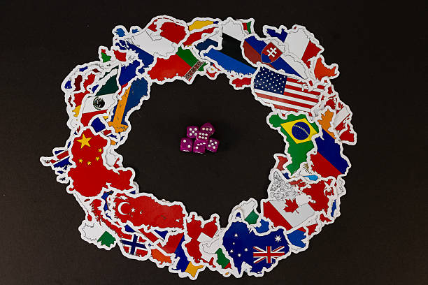 Global Strategy Concept with Dice and World Flags in Circle