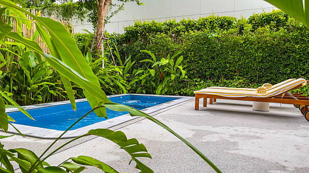 istock Pool chairs and beautiful blue water with green tree in the background. 2225929818