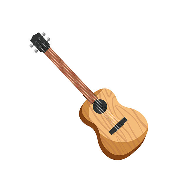 Hand drawn acoustic guitar icon. Musical string instrument in flat style isolated on white background. Classical six-stringed guitar with nylon strings, Spanish guitar, woody color.