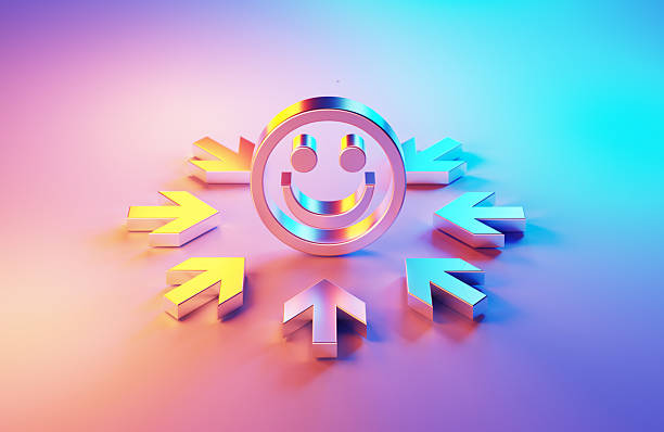 Metallic smiley face and arrows illuminated by blue and magenta lights . Horizontal composition with copy space. Feedback concept.