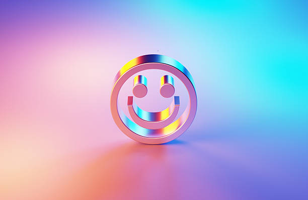 Metallic smiley face illuminated by blue and magenta lights . Horizontal composition with copy space. Feedback concept.