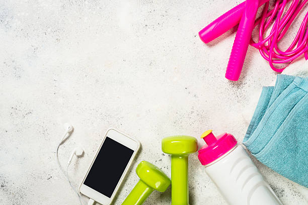 istock Fitness equipment flat lay image on white background. 2225941094