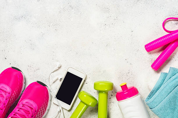 istock Fitness equipment flat lay image on white background. 2225941108