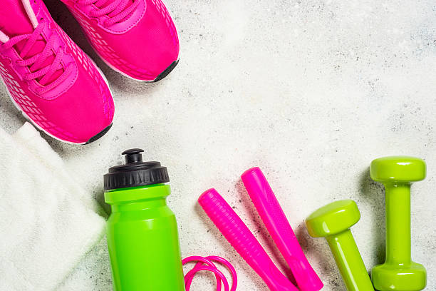 istock Fitness equipment flat lay image on white background. 2225941940