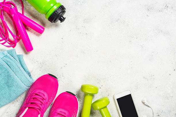 istock Fitness equipment flat lay image on white background. 2225941976