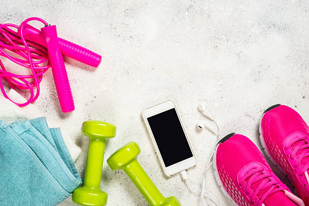 istock Fitness equipment flat lay image on white background. 2225941979