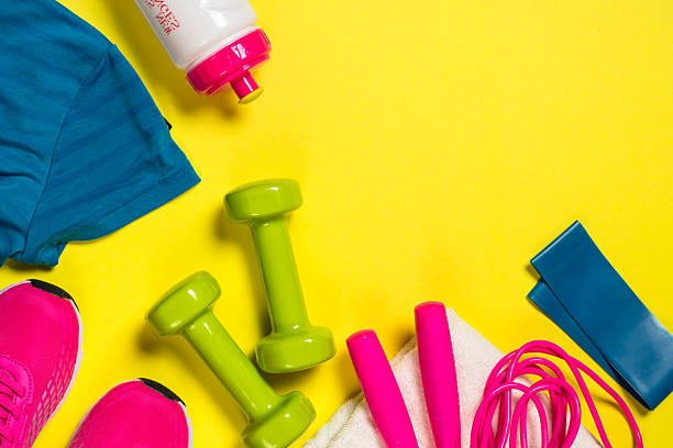 istock Fitness equipment flat lay image on color background. 2225942662