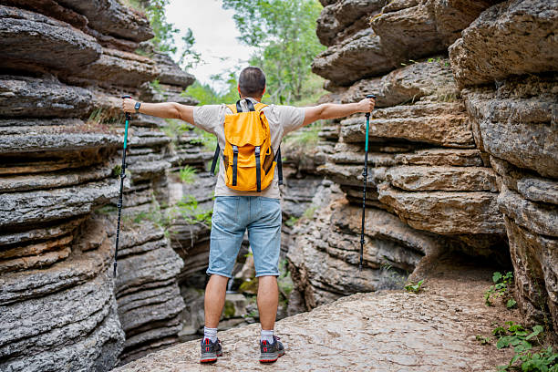 Man enjoying the stunning view of a canyon while hiking with trekking poles and a backpack, embracing the beauty of nature