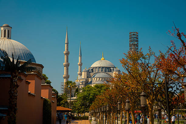 Beautiful daytime view of the Blue Mosque (Sultan Ahmed Mosque) in Istanbul, Turkey, captured from a tree-lined promenade in Sultanahmet Square. The historic Ottoman architecture stands majestically with its multiple domes and tall minarets, one of which is under restoration. The warm tones of the foliage and the golden sunlight evoke a tranquil and timeless atmosphere. Ideal for travel-themed projects, tourism content, cultural heritage features, and Middle Eastern architecture presentations.