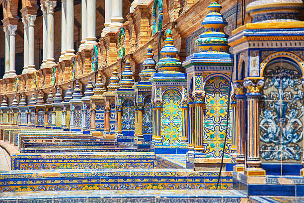 The tiled Provincial Alcoves along the walls of the Plaza de Espana, built in 1928, Seville