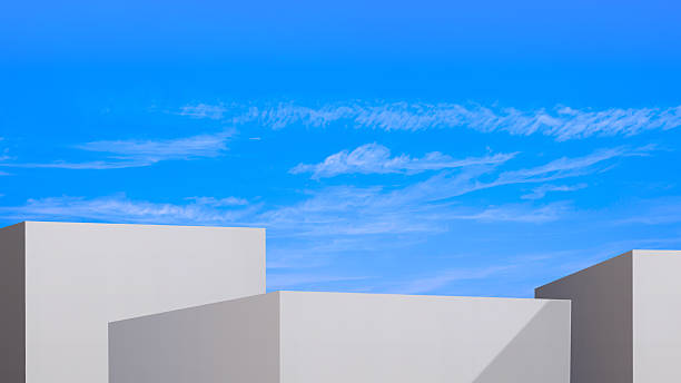 istock Backdrop Geometric White Podiums Steps against Blue Summer Sky, Minimal 3d Platform Stand Background for Cosmetic Product Display Presentation, illustration 2225981978