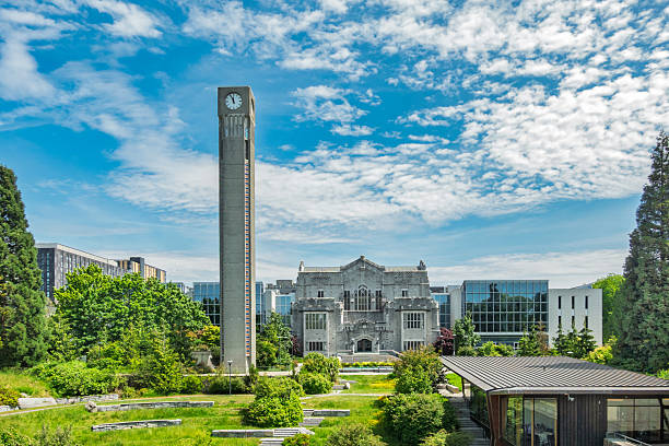 Vancouver, BC, CA, May 27, 2025: Irving K. Barber Learning Centre and  Walter C. Koerner Clock Tower on the campus of the University of British Columbia.