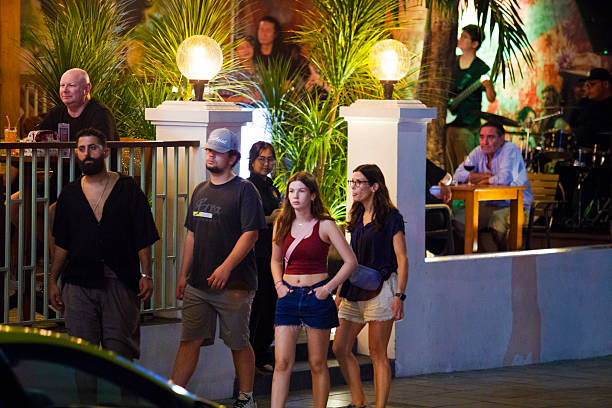 Miami, Florida - June 12, 2019:  Panoramic of cars and tourists along Ocean Drive in the Art Deco District of South Beach Miami Florida