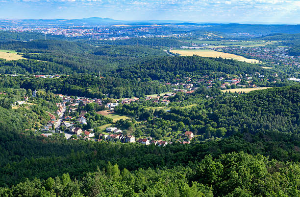 Lelekovice, Czech Republic, June 28, 2025: Aerial view of the South Moravian village of Lelekovice. In the background in the haze is the South Moravian capital of Brno.