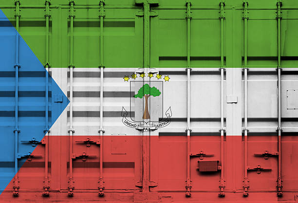 Shipping container with Equatorial Guinea national flag overlay symbolising tariffs and international trade policies in global commerce context