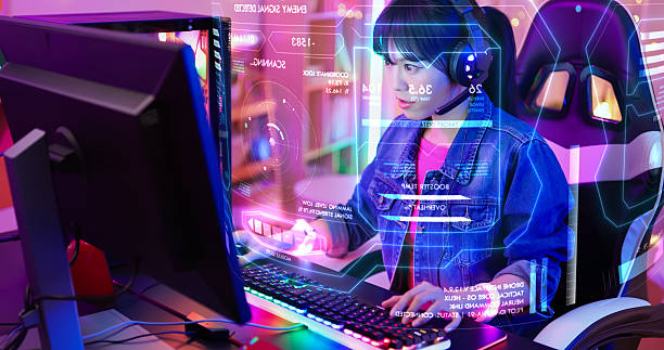 an asian Gen Z female gamer smiles while interacting with a holographic virtual interface in a neon-lit gaming setup