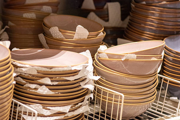istock Soft pastel pink ceramic bowls and plates with golden rim 2226000567