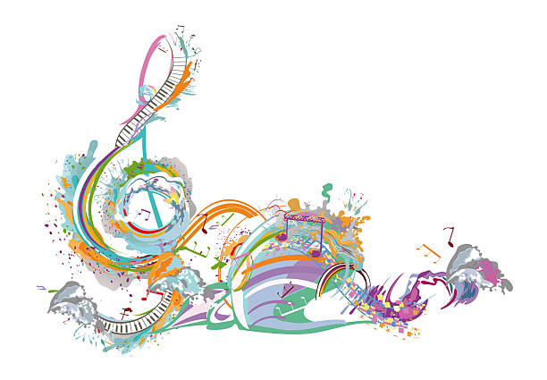 istock Abstract musical design with a treble clef and colorful splashes, notes and waves.  Colorful treble clef. 2226002946
