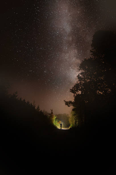 istock Night surreal landscape with man standing in forest under starry sky. 2226003919