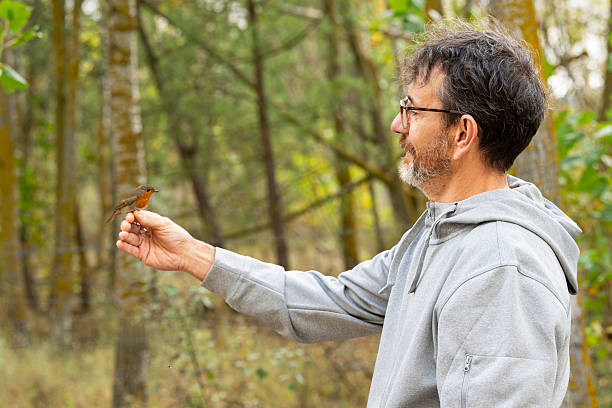 istock A man holds a robin in his hand during a bird banding day. 2226005762