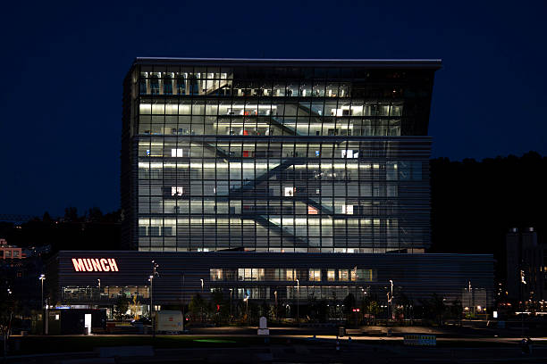 Oslo, Norway-22 September 2024; Evening view with illuminated Munch Museum, an art museum dedicated to the life and works of the Norwegian painter Edvard Munch known for his work The Scream