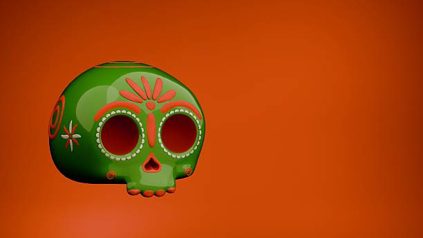 istock Green decorative sugar skull with hexagon orange background for Mexican celebration 2226021335