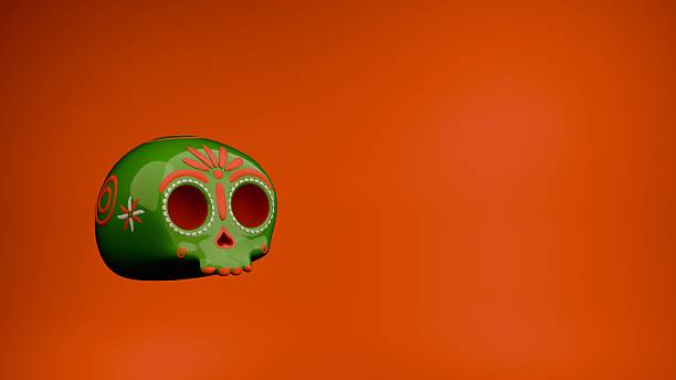 istock Green decorative sugar skull with hexagon orange background for Mexican celebration 2226021336