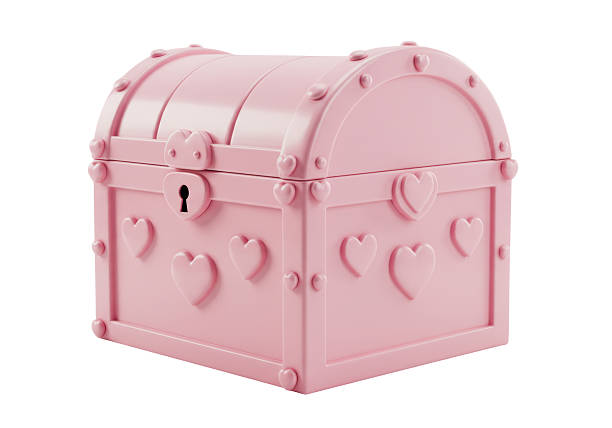 Gold in treasure chest on pastel light pink background. Minimalistic abundance concept. Creative wealth composition.