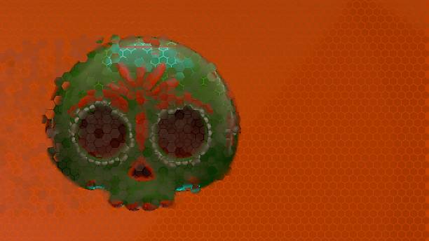 Glitched decorative green skull with hexagon distortion and orange background texture
