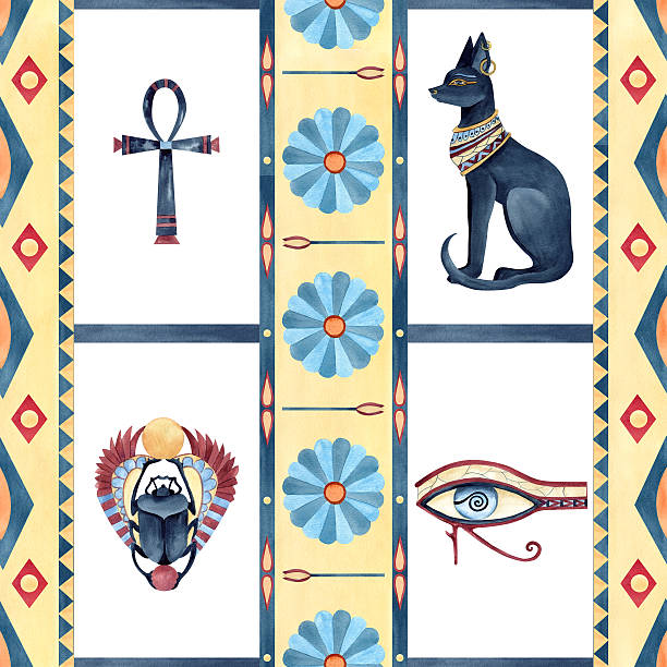 istock Egyptian seamless pattern with Bastet, Scarab beetle, eye of Horus, Ankh. Ancient vertical ornament with geometric patterns, sacred lotus. Watercolor isolated illustration. Religion icon for souvenir 2226027088