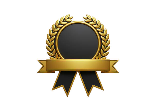 Transparent black and silver shield badge with gold stars and ribbon for premium marketing design