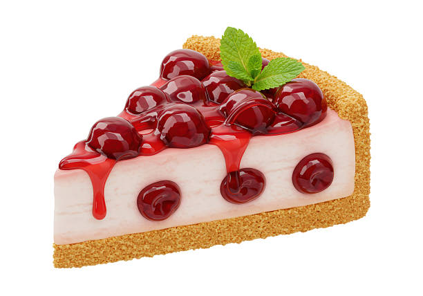 A high angle macro, horizontal photograph of a New York style cheesecake topped with some cherries in a sweet syrup.