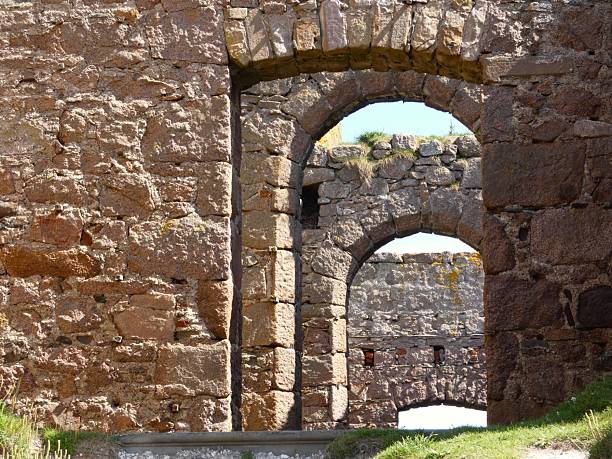 Slains Castle ruins perched dramatically atop rugged sea cliffs on the north-eastern coast of Scotland. The weathered stone walls of the historic castle overlook the deep blue North Sea, surrounded by lush green grass and wild coastal vegetation