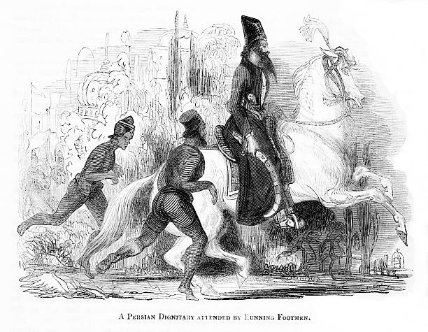 Tradition of  attendants running behind a dignitary on horseback in Persia (Iran), ancient Middle East. Engraving published 1838. Original edition is from my own archives. Copyright has expired and is in Public Domain.
