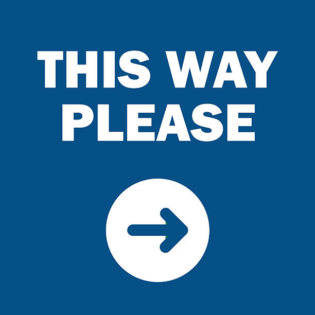 this way direction right blue sign Vector illustration of a "This Way" directional sign featuring arrows pointing forward, left, and right. Commonly used for navigation in public places such as malls, airports, hospitals, event areas, and parking lots. Clean and minimal design to provide clear visual direction. Suitable for print and digital use. right turn only stock illustrations