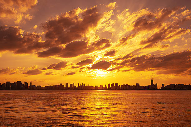Dramatic sky and clouds with modern urban skyline during sunset