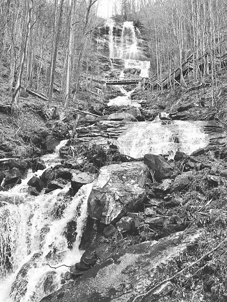 Black and white photo of Amicalola Falls in North Georgia. Amicalola Falls is considered one of the “7 natural wonders” of Georgia and is the tallest waterfall in the state.