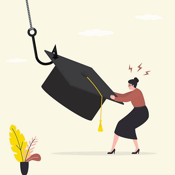 istock Graduate hat on fishing hook, female student pull giant cap. Bait, students as victims bad education, expensive cost of student loan 2226091348