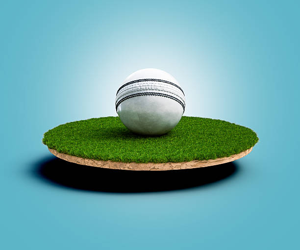 istock 3D White Leather ODI Cricket Ball With Green Grass Ground Field On Blue Background 3D Illustration 2226094752