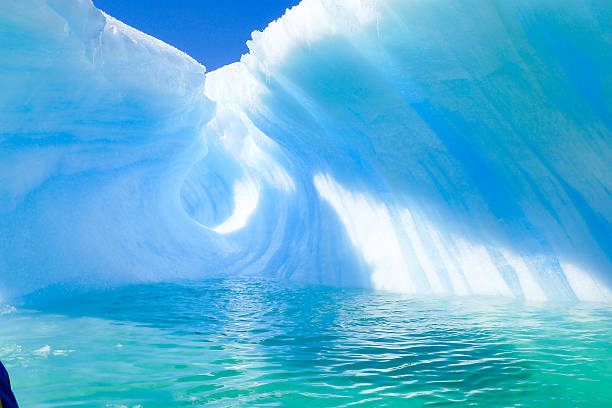 This iceberg drifts through cold polar waters, naturally sculpted to resemble a human profile seated at a grand piano, creating an uncanny and artistic formation against the blue seascape