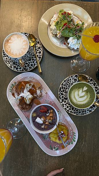 Brunch Table Setup with Matcha, Chai Latte, Avocado Toast and Pancakes with Blueberry Yogurt