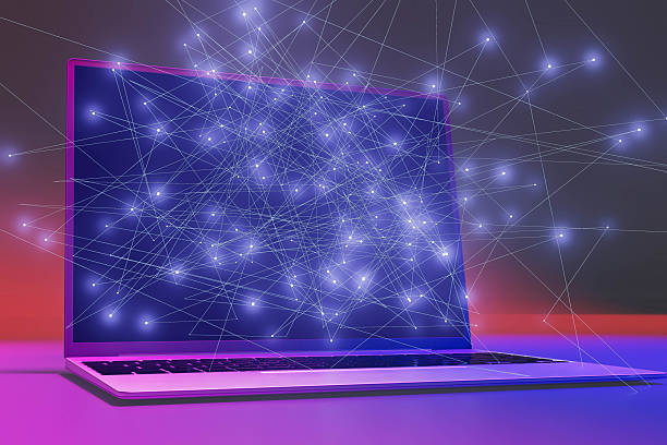 istock A laptop with a blue screen and a purple background 2226101105