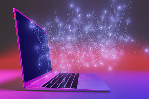 istock A laptop computer with a purple screen and a purple background 2226101130
