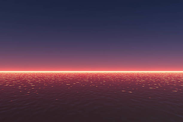 A very long ocean with a red line in the middle. The water is calm and the sky is dark