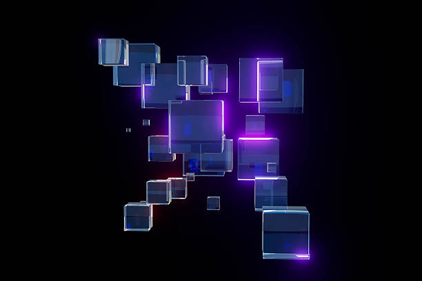 A bunch of cubes are lit up in a dark background. The cubes are all different sizes and are arranged in a way that they look like they are floating
