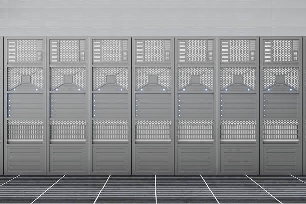 A row of metal doors with a white frame. The doors are open and there is a white floor