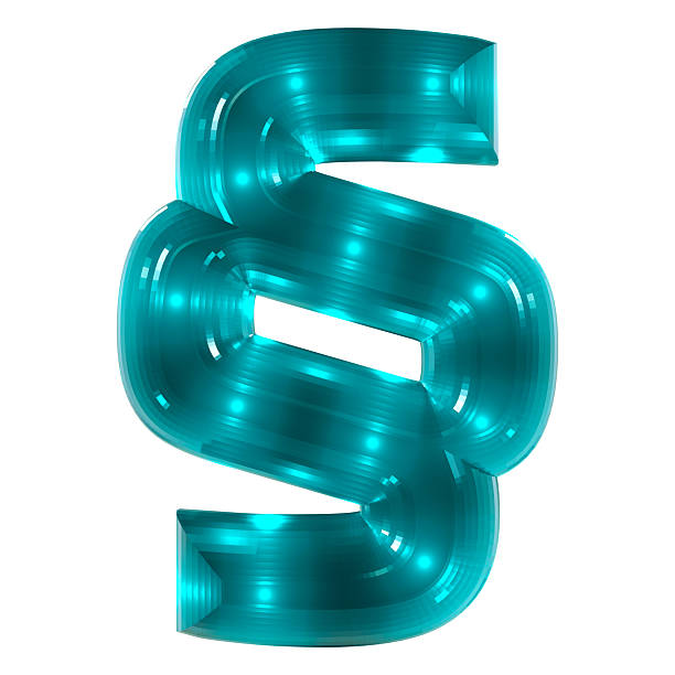 3D rendering of Paragraph Symbol shape made of Dark Turquoise colored Faceted Translucent Glass material, illuminated by Glowing Neon Lighting from within that produce a Holographic Effect, isolated on white background.
