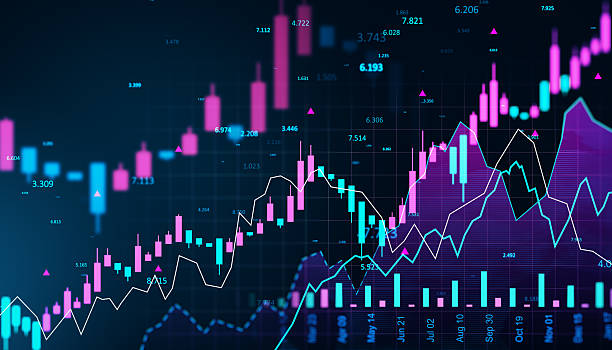 Colorful digital screen with glowing forex and stock market candlestick chart and data analysis on dark interface background for modern financial display. 3D Rendering